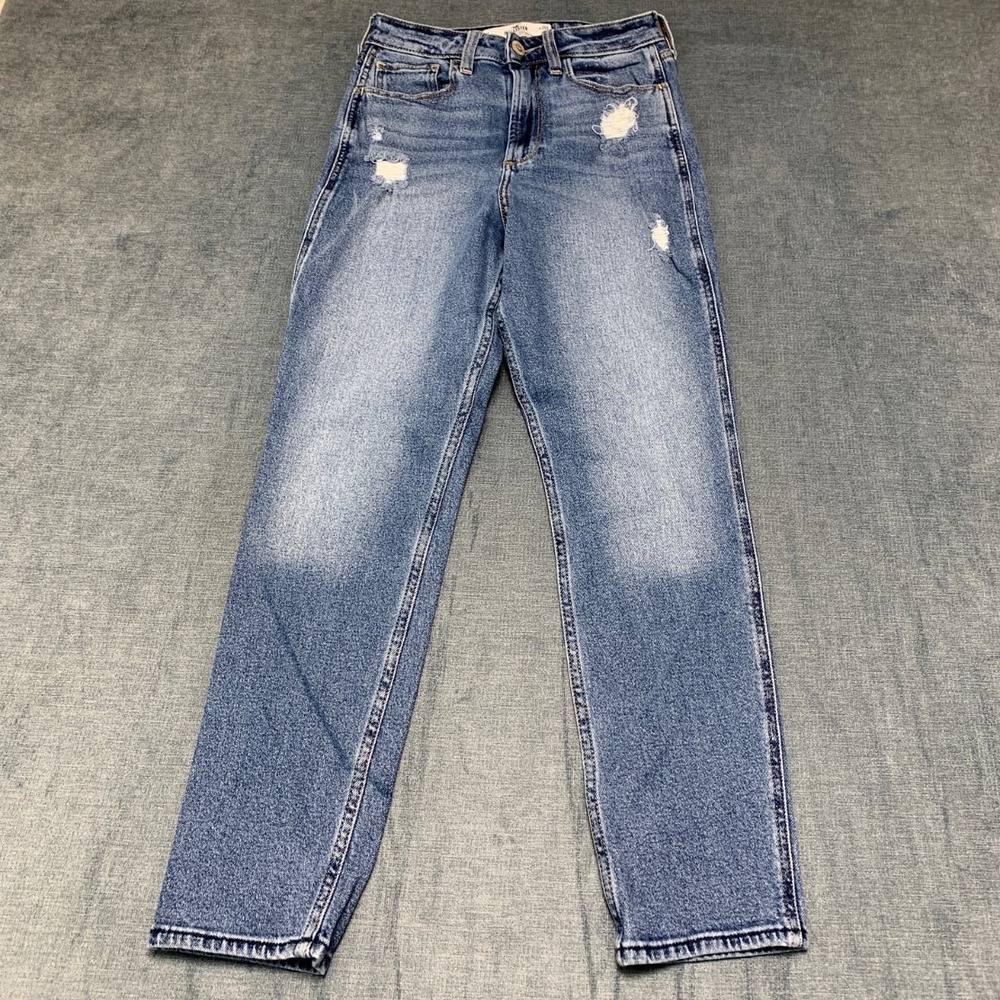 Hollister Mom Jeans Womens 0S 26x27 Blue Denim Distressed Curvy Ultra High Rise
